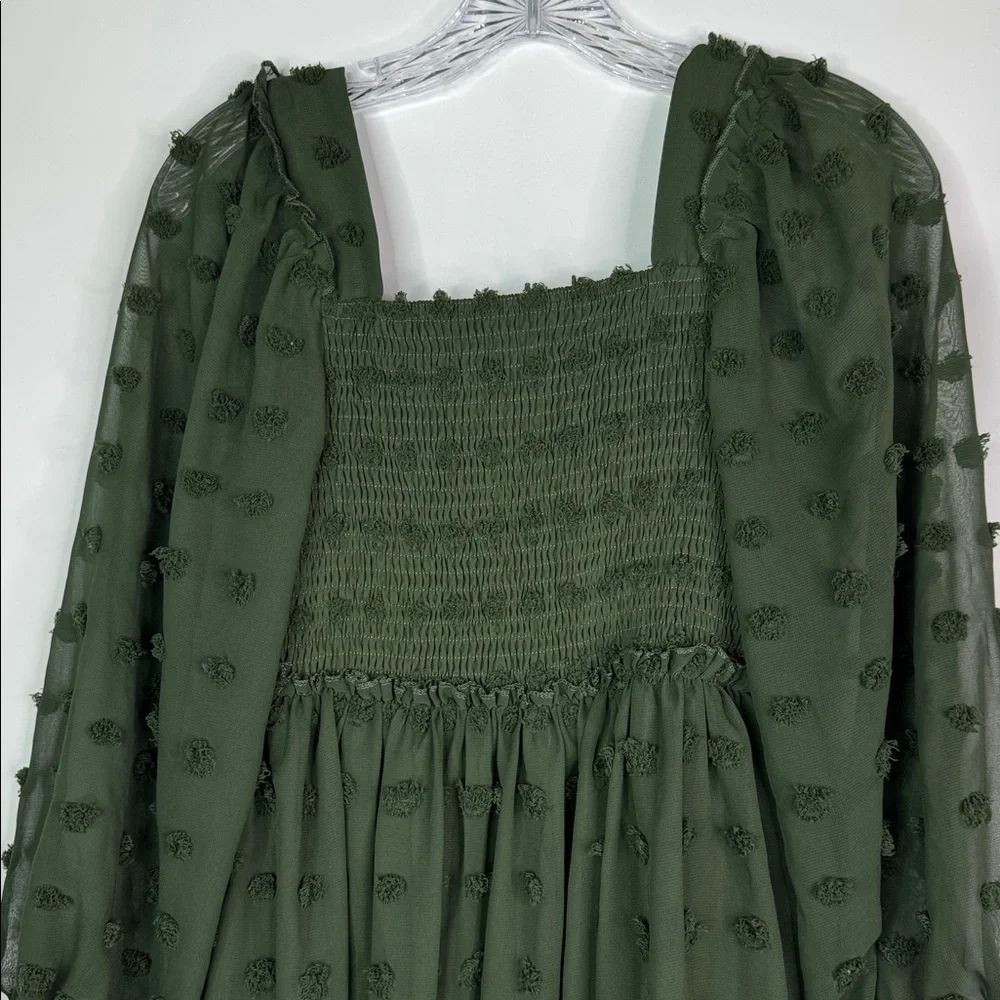 BTFBM Green Square Neck Smocked Swiss Dot Mini Boho Dress Size Small